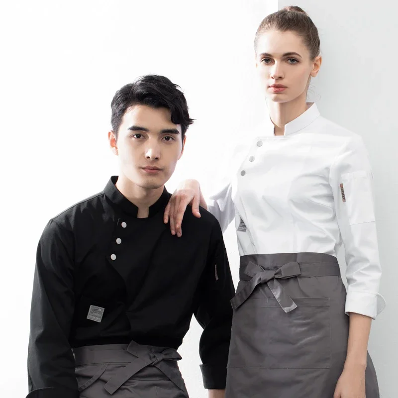 Long Sleeve Chef Jackets Restaurant Uniform Kitchen Chef/Waiter Shirt  Apron Cap Food Service Bakery Cooking Clothes 3-Set