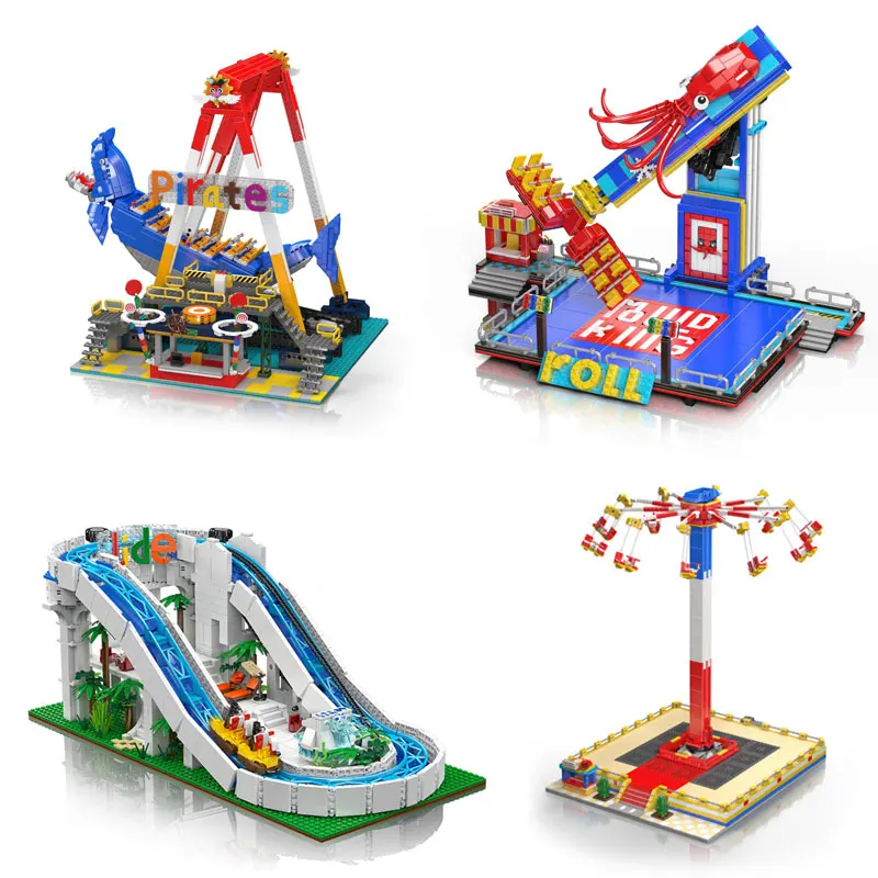 Juguetes de parque de atracciones MOLD KING, paseo giratorio motorizado, tobogán acuático, columpio volador, tiburón, barco pirata, juego de bloques de construcción, regalo de Navidad