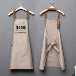 Customized Embroidery Print Logo Signature Waterproof Kitchen Home Chef Baking Clothes With Pockets Adult Bib Waist Bag Aprons