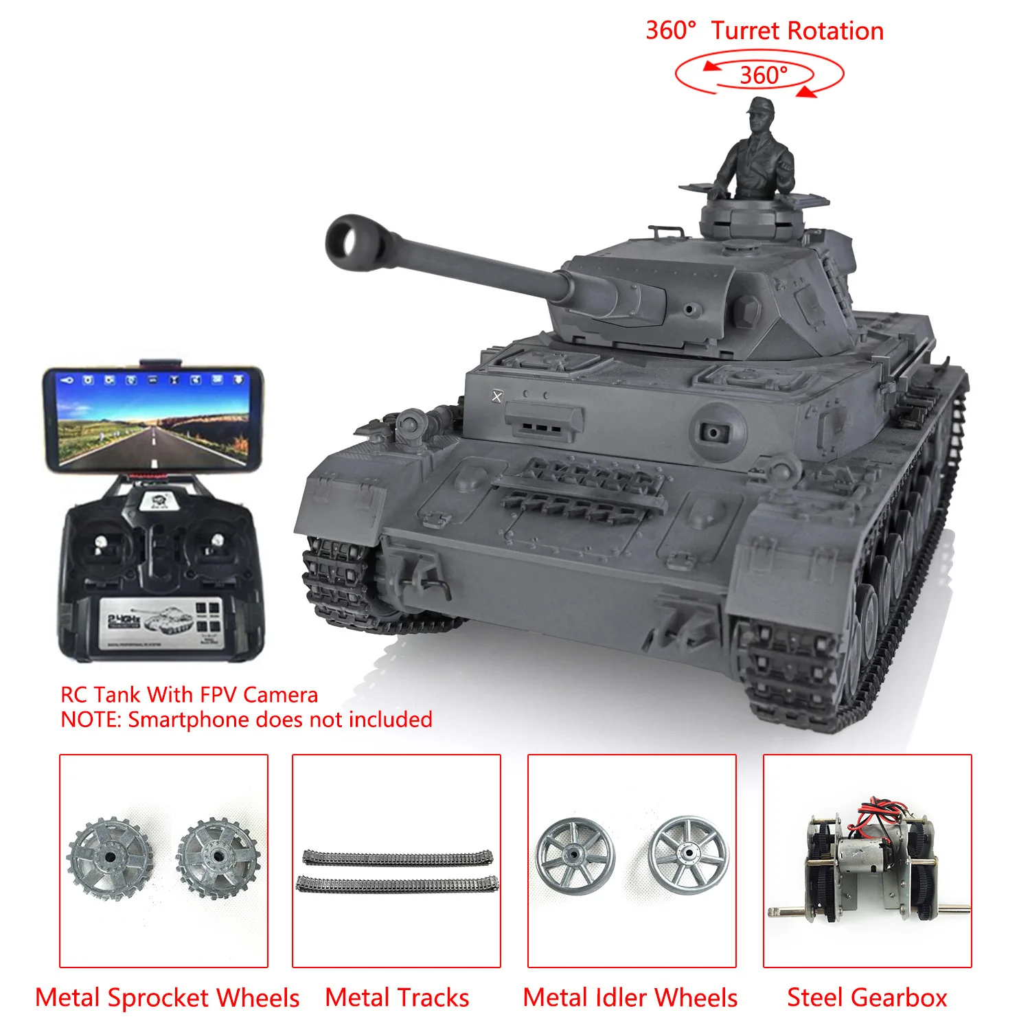 HENG LONG 1/16 7.0 Upgraded FPV Model Panzer IV F2 RC Tank 3859 360° Turret Speaker Full Metal Tracks Sprocket Wheels TH17416