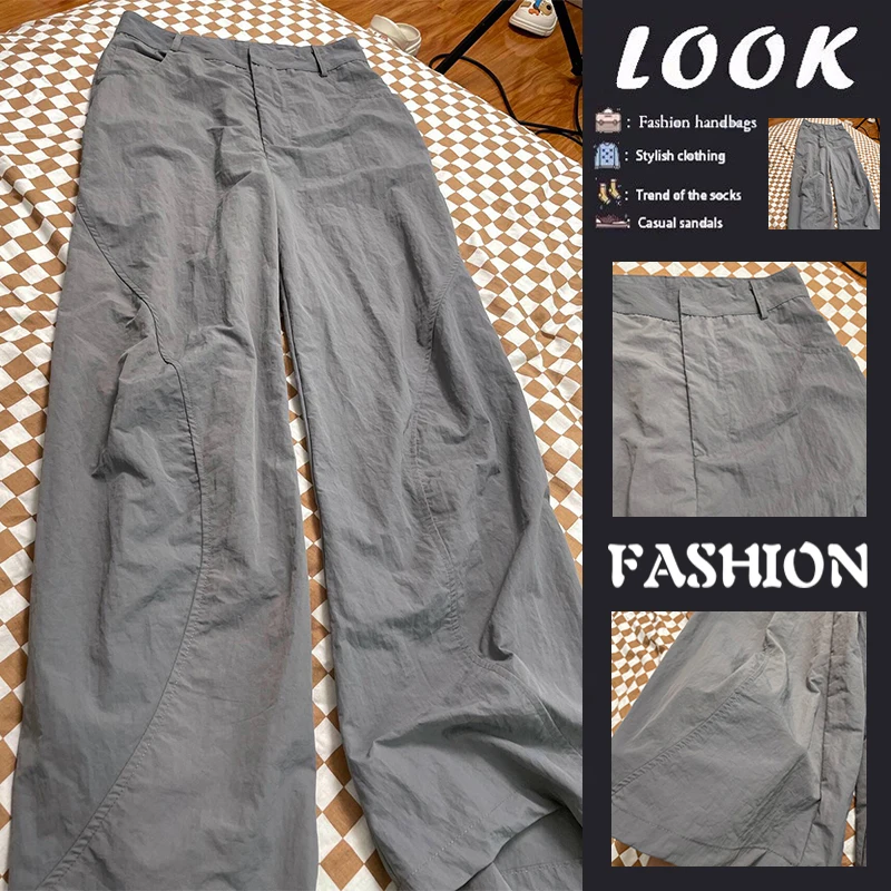 

Grey Casual Loose Thin Work Pants Summer Fashionable Women's Clothing Single Piece Long Pants Trendy Style Dark Button Closure