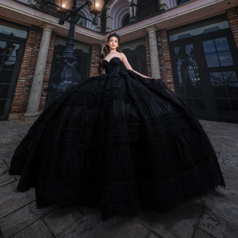 

Black Ball Gown Quinceanera Dresses Tulle Tiered Beads Off Shoulder Sweet 16 Years Birthday Party Formal Dress Vestidos De 15