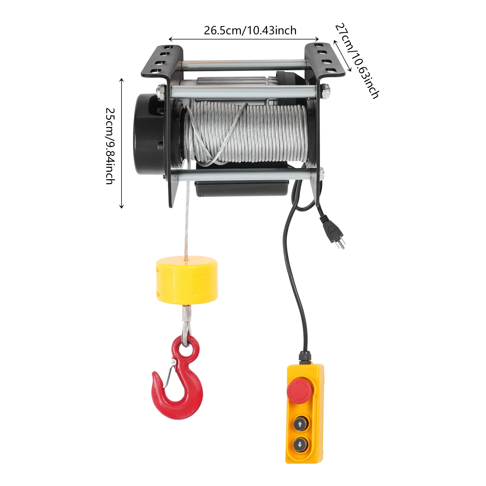 Zwart 110V/60Hz 400kg/881lbs elektrische takellier met bedrade bediening, 881LBS elektrische takel met lang staaldraad