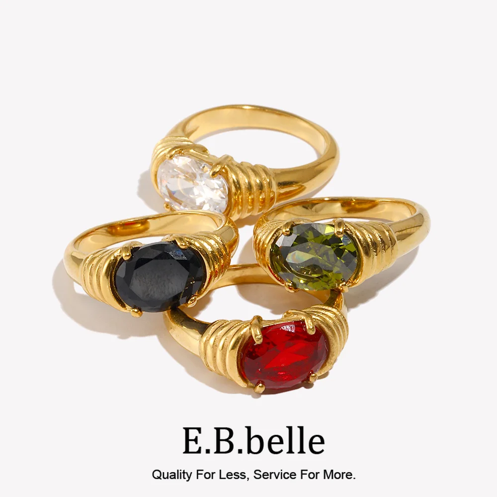 E.B.belle Anillo de piedra roja verde brillante con circonita ovalada de ajuste de punta fuerte, anillos chapados en oro de 18 quilates de acero inoxidable para mujer