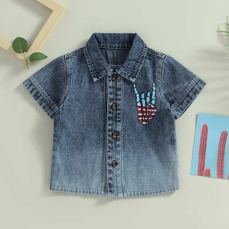 

Children s Short Sleeve Shirt Patriotic Hand Print Button Down Top with Turn-down Collar for Fourth of July Celebration