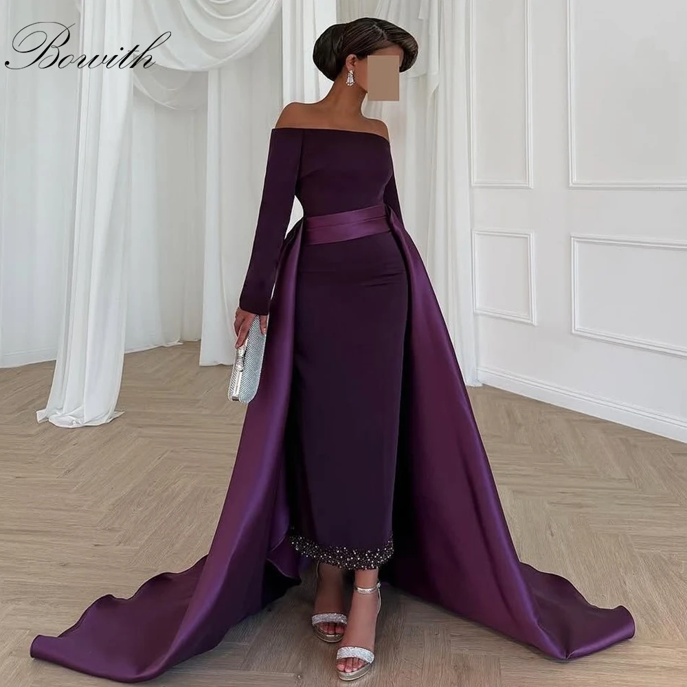 

Bowith Deep Purple Evening Dresses Boat Neck Long Sleeves Ankle-Length Beading Prom Dresses Customized Women Party Dresses Gown
