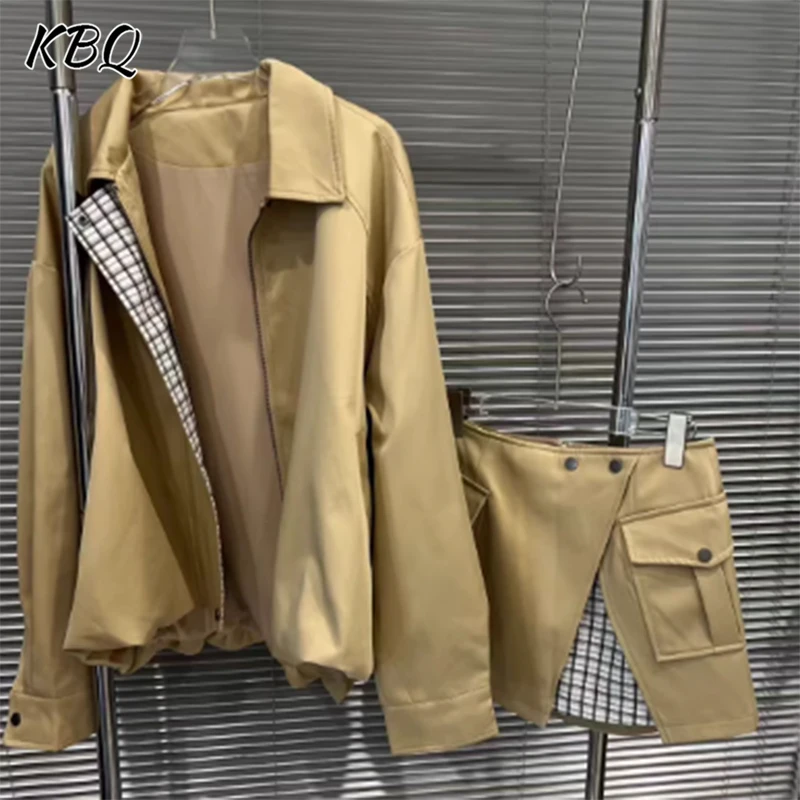 

KBQ Шикарные комплекты из двух предметов для женщин, короткие топы с длинными рукавами и лацканами, мини-юбки с высокой талией, комплект с сетчатым принтом, женская мода, осень