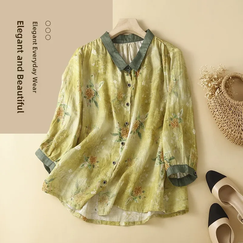 

Льняной льняной кардиган Seven-Quarter Sve irt в стиле ретро, летний женский льняной кардиган большого размера с цветным воротником в стиле пэчворк на пуговицах...