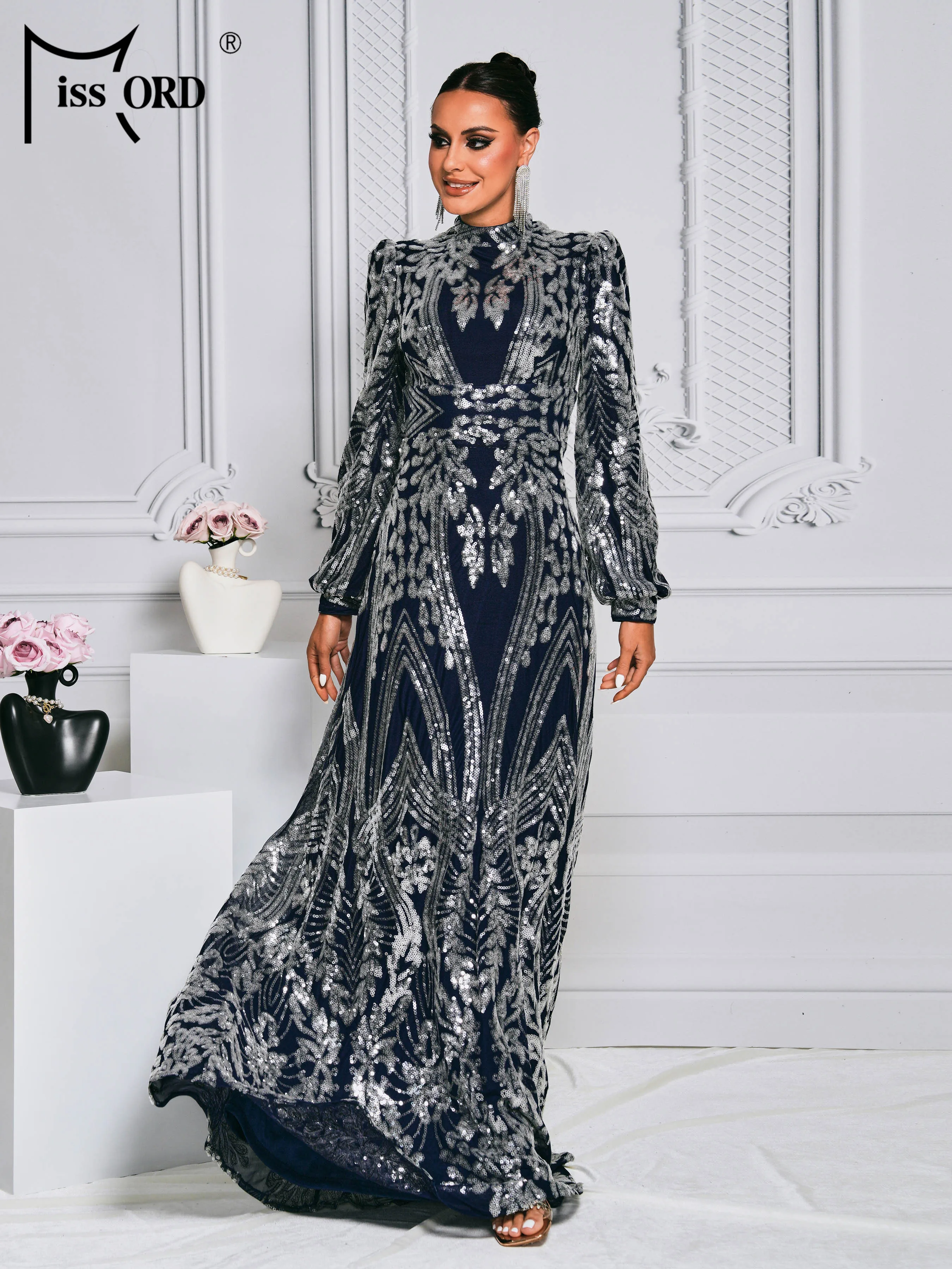 Missord 2024 Blue Round Neck Long Sleeved Sequin Maxi Evening Formal Occasion High Quality Luxury Dress