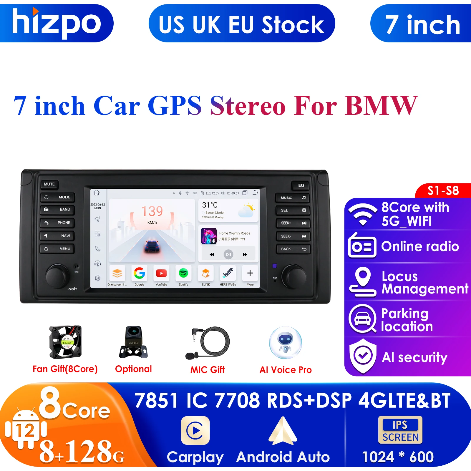 8+128G 2 Din Android 13 Car Multimedia Player Navigation for BMW E39 E53 M5 1995-2003 Audio Stereo BT GPS Wifi Carplay Autoradio