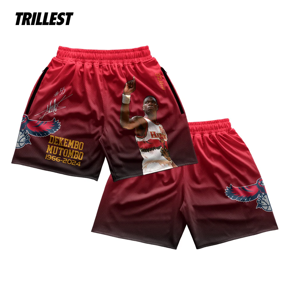 Trillest R.I.P. Dekembo Mutombo 55 Atlanta Heavyweight Mesh Black-Red Basketball Shorts with Zipper Pockets