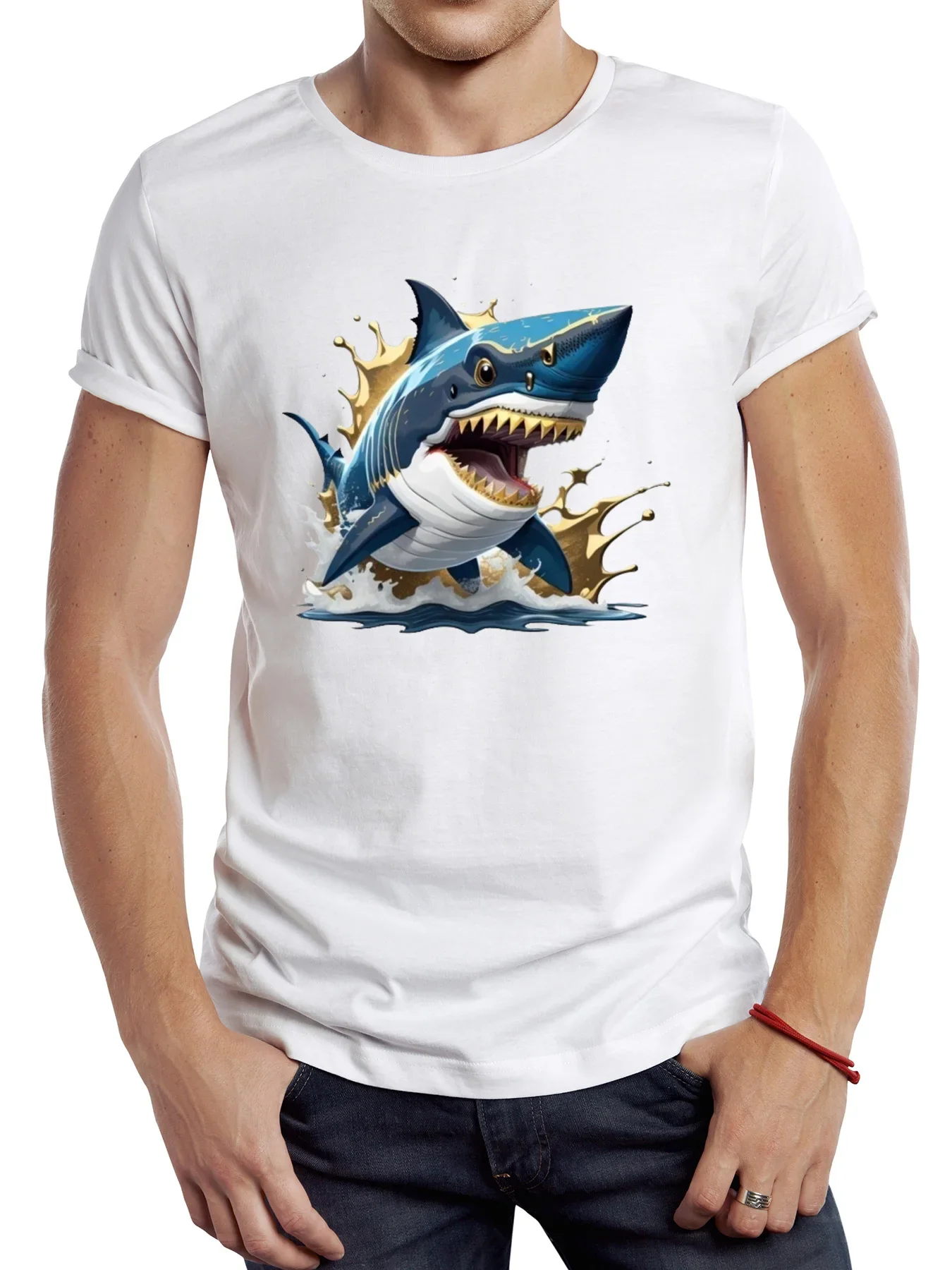 Men's Digital Shark Print Tee Short-Sleeve Comfy T-Shirt Tops For Spring Summer