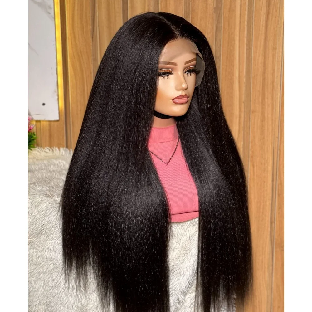 26 pollici Yaki morbido lungo Glueless nero naturale 180 densità crespo dritto parrucca anteriore in pizzo per le donne capelli sintetici del bambino prepizzicati