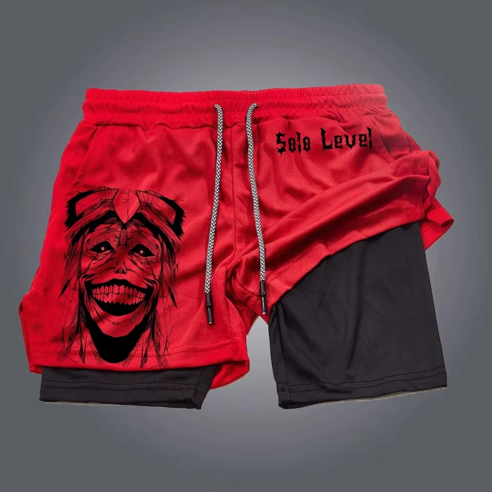 Solo Level Men's Double Layer 2-in-1 fitness pants Sports Shorts Japanese Anime with pocket Quick-Drying Running sweatpants