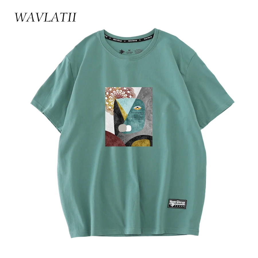 WAVLATII Women 100% Cotton Summer T Shirts Female 210 g/m2 Green White Short Sleeve Tees Lady Fashion Printed Tops WT2221