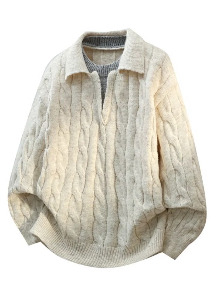 Men's Cable Knit Lapel Sweater Vintage Fake 2pcs Loose Oversized Casual Fall Winter Pullover Knitwear Coat
