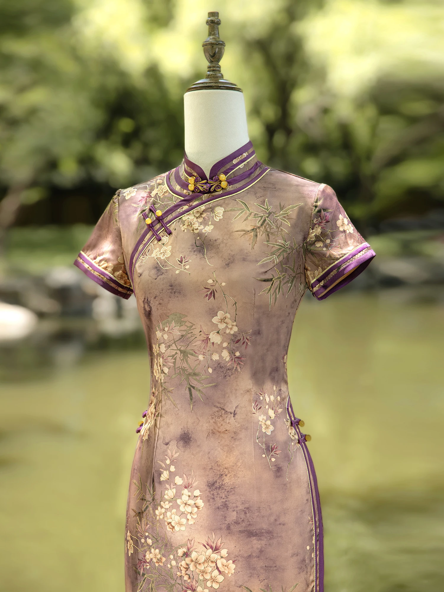 

Фиолетовое шелковое бархатное платье в новом китайском стиле для мам, высококачественное, с длинным или коротким рукавом, для повседневной носки, летнее