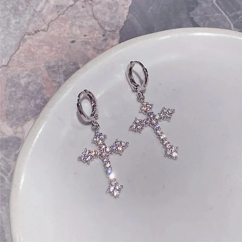 Silver Color Metal Cross Drop Earring Clear Crystal Stone Cross Dangle Earrings Sparkling Girls Evening Earring Jewelry