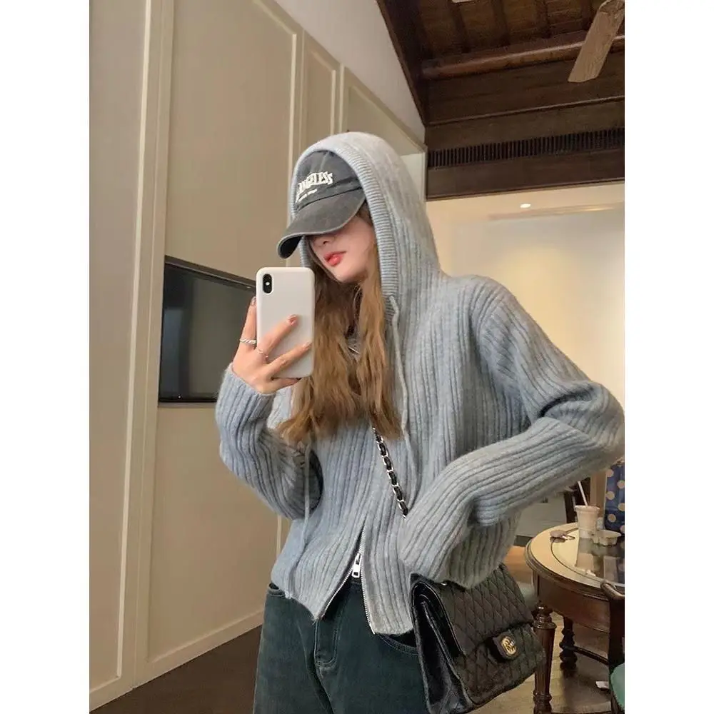 Otoño Invierno estilo coreano elegante doble cremallera cárdigan de punto con capucha mujer primavera y otoño Chaqueta suéter corto de gama alta