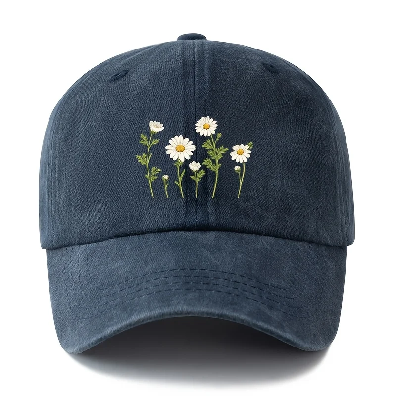 Unisex Fashion Versatile Printed Daisy Baseball Cap, Classic Vintage Washed Outdoor Lightweight Curved Brim Hat, Trucker Cap, Su