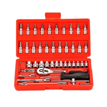 4-14mm SleeveCar Motorcycle Bicycle Repair Tools 46pcs 1/4 inch Ratchet Torque Wrench Combination Set Keys Socket Bit Set