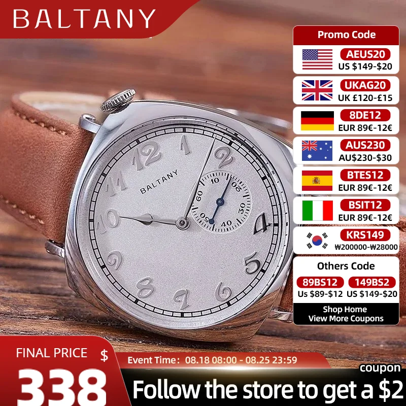 

Baltany 1921 ST1701 Luxury Men's Automatic Mechanical Watch Vintage Classic Salmon Dial Sapphire Square Case Leather Wristwatch