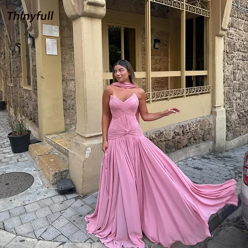 

Thinyfull A-line Long Prom Dress Sleeveless V-neck Chiffon Ruched Arab Evening Dresses Formal Gown Robe De Soirée Customized