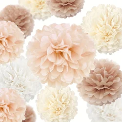 12pcs Champagne Tissue Paper Poms, Creamy White Paper Flowers For Engagement Receptions, Bachelorette, Birthday