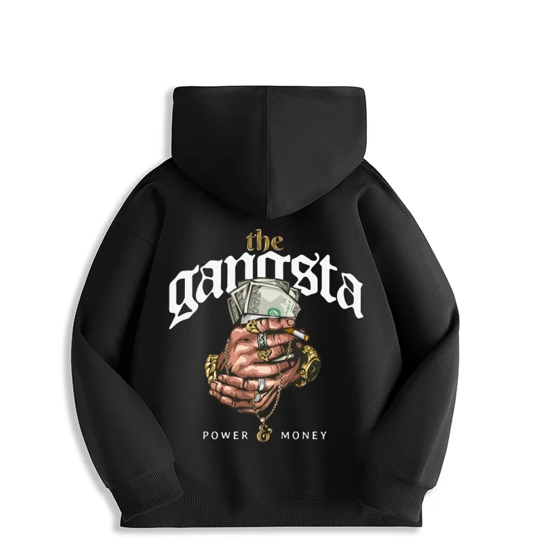 2025 Gangsta Graphic Hoodie Men's Streetwear Bold Design Power & Money Print Casual Loose Fit Hip Hop Style Fashion Pullover