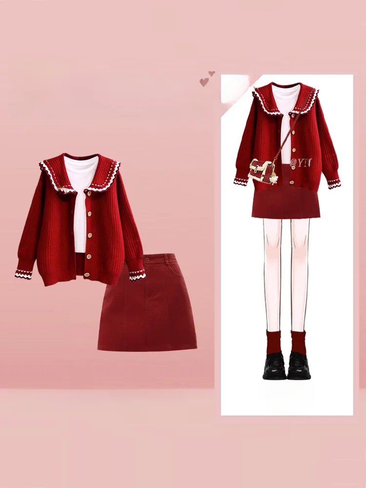 

Ранняя осень, вязаный комплект для колледжа, кукольный воротник, базовый слой, юбка, футболка, костюм, женская модная повседневная одежда