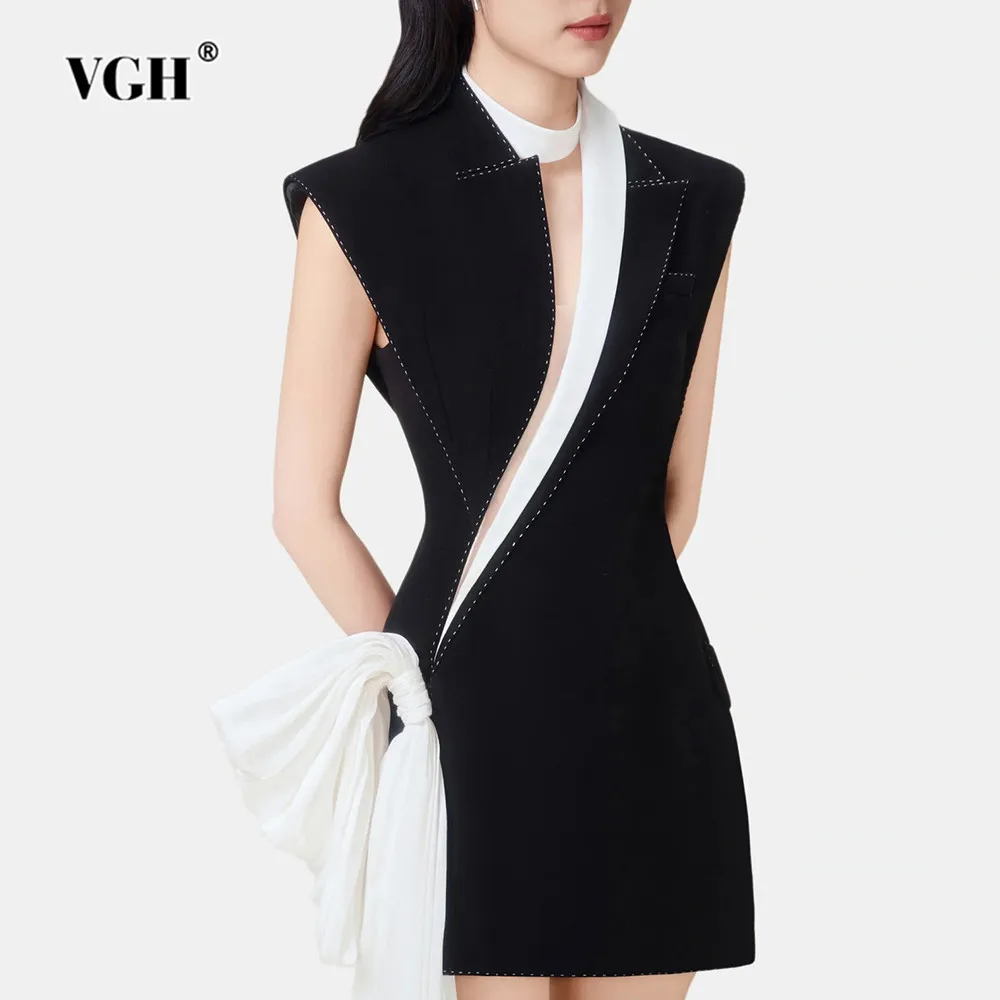 

VGH Hit Color Slimming Minimalist Dress For Women V Neck Sleeveless High Waist Casual Short Dresses Female Fashion Clothes New