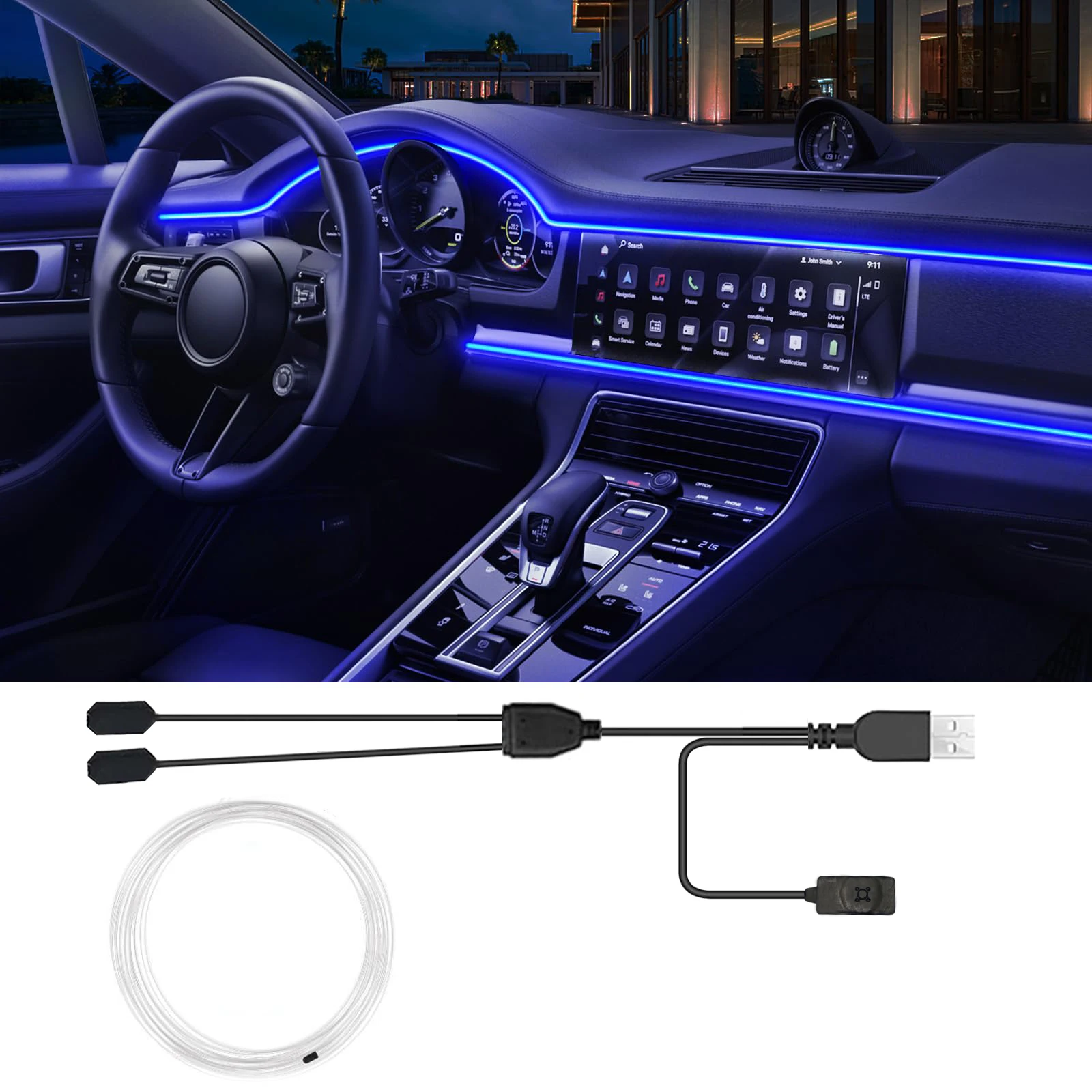 

7 цветов RGB Автомобильное светодиодное внутреннее окружающее освещение USB EL Волоконно-оптика внутри неоновой приборной панели Декоративное освещение 1 в 1 3 м 2 в 1 5 м