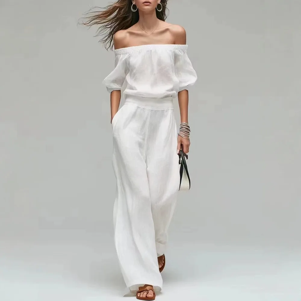 

Women's Vacation Solid 2 Piece Set Off Shoulder Puff Sleeve Crop Top High Waist Wide Leg Pants Summer Travel Daily Casual Outfit