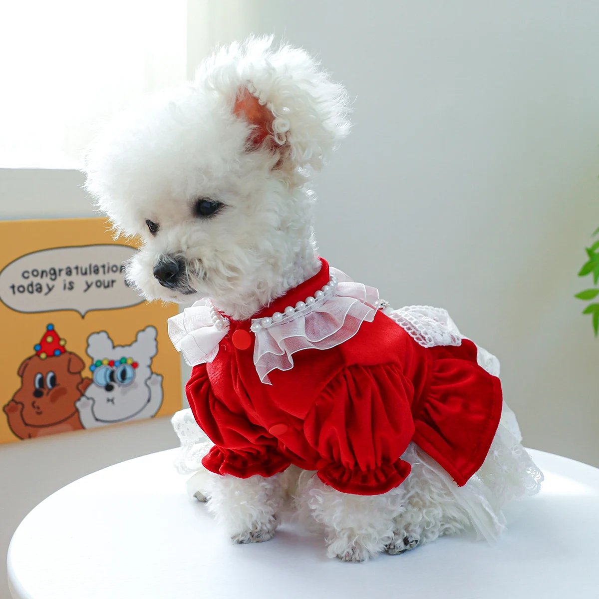 1PC Pet Clothing Cat Spring Autumn Red Velvet Bowknot Princess Dress Wedding Dress With Drawstring Buckle For Small Medium Dogs