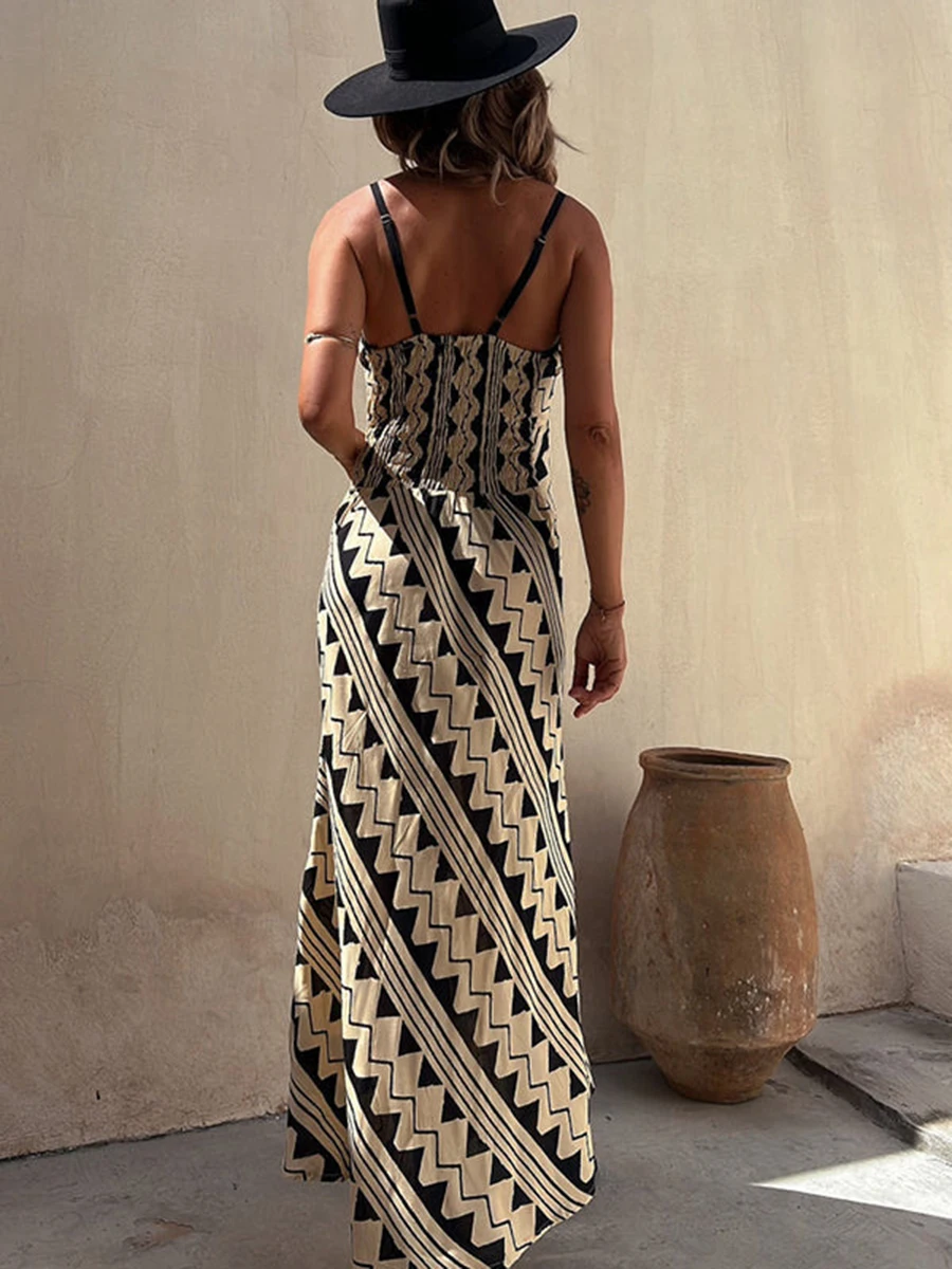 هندسية مطبوعة مثير المرأة ماكسي فساتين أكمام الخامس الرقبة ألف خط حمالة السيدات Vestidos موضة فستان طويل غير رسمي للمرأة