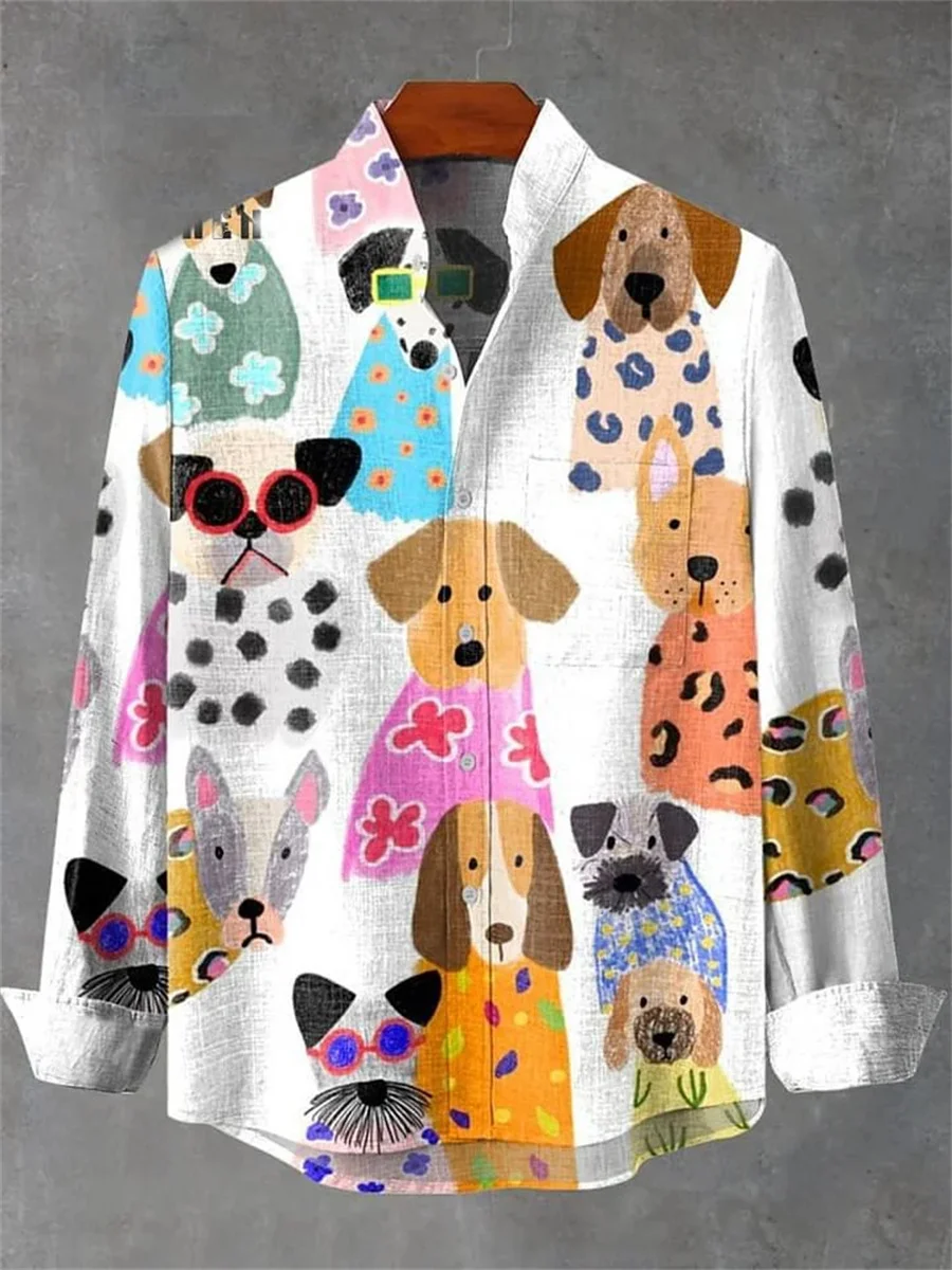 2025 Spring and Autumn Hot Selling Men's Linen Long Sleeve Shirt Retro Pattern Printed Shirt Casual Fashion Top