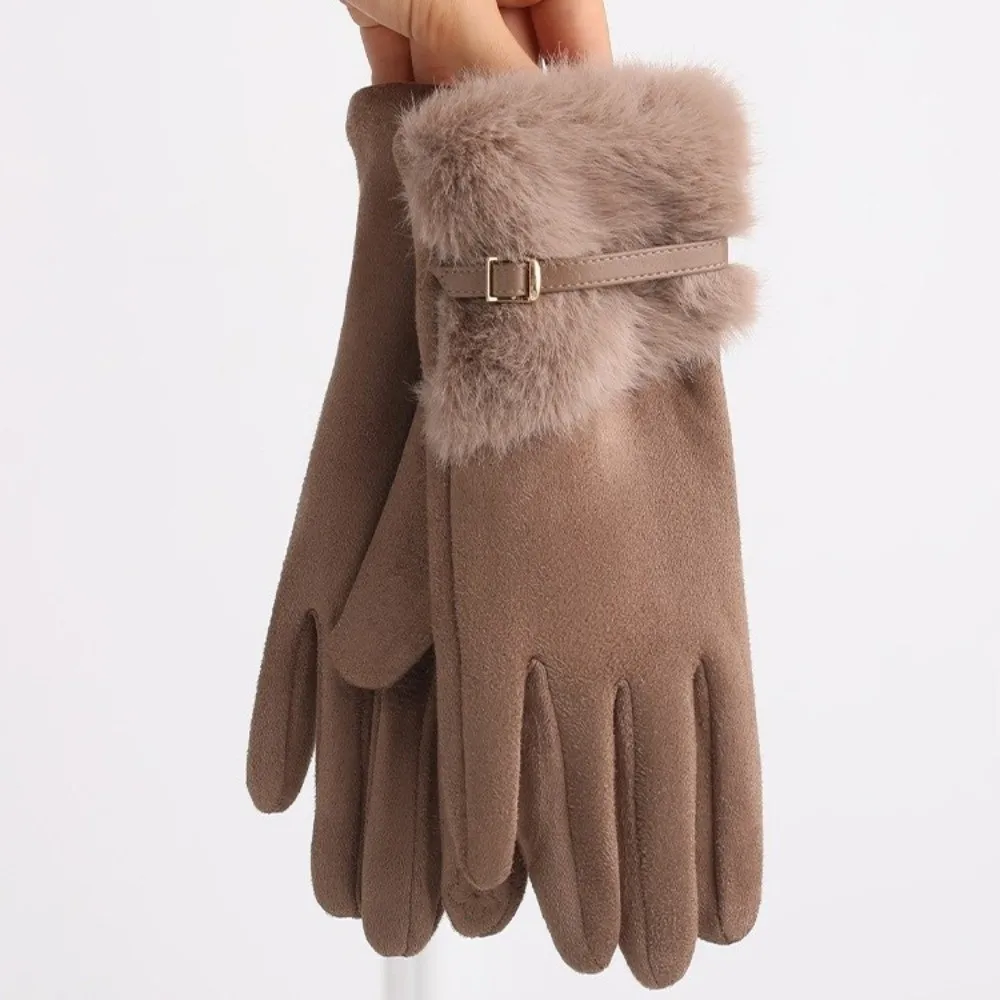 هدية قفازات شتوية من جلد الغزال المخملي سميكة كاملة الأصابع قفازات نسائية على الطراز الكوري مع بطانة من الصوف قفازات ركوب الدراجات للفتيات #1