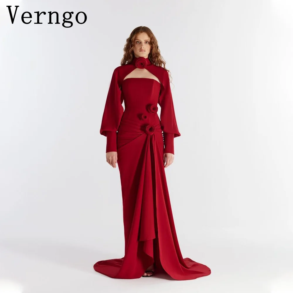 

Verngo Red Crepe Prom Gown Ling Puff Sleeves Party Dress For Women Pleat 3D Flowers Mermaid Evening Dress For Women