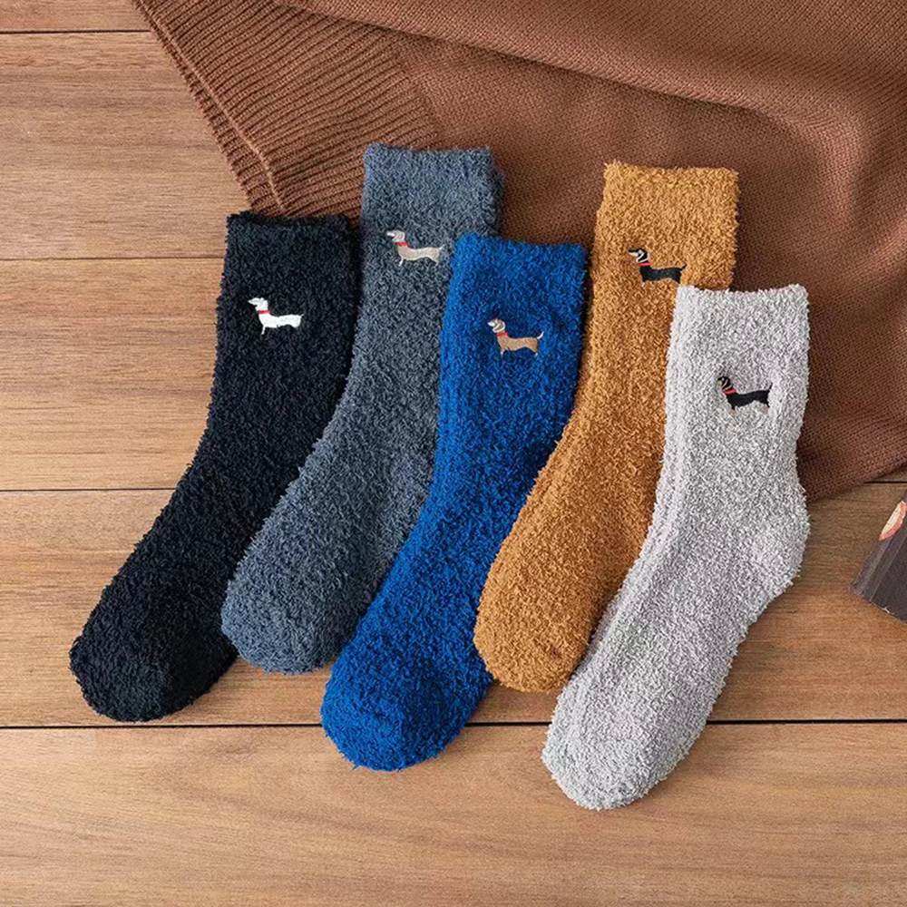 1 Pairs Dachshund Dog Thicken Winter Warm Fluffy Mid Socks Men Socks Soft Coral Velvet Socks Indoor Floor Towel Socks Breathable