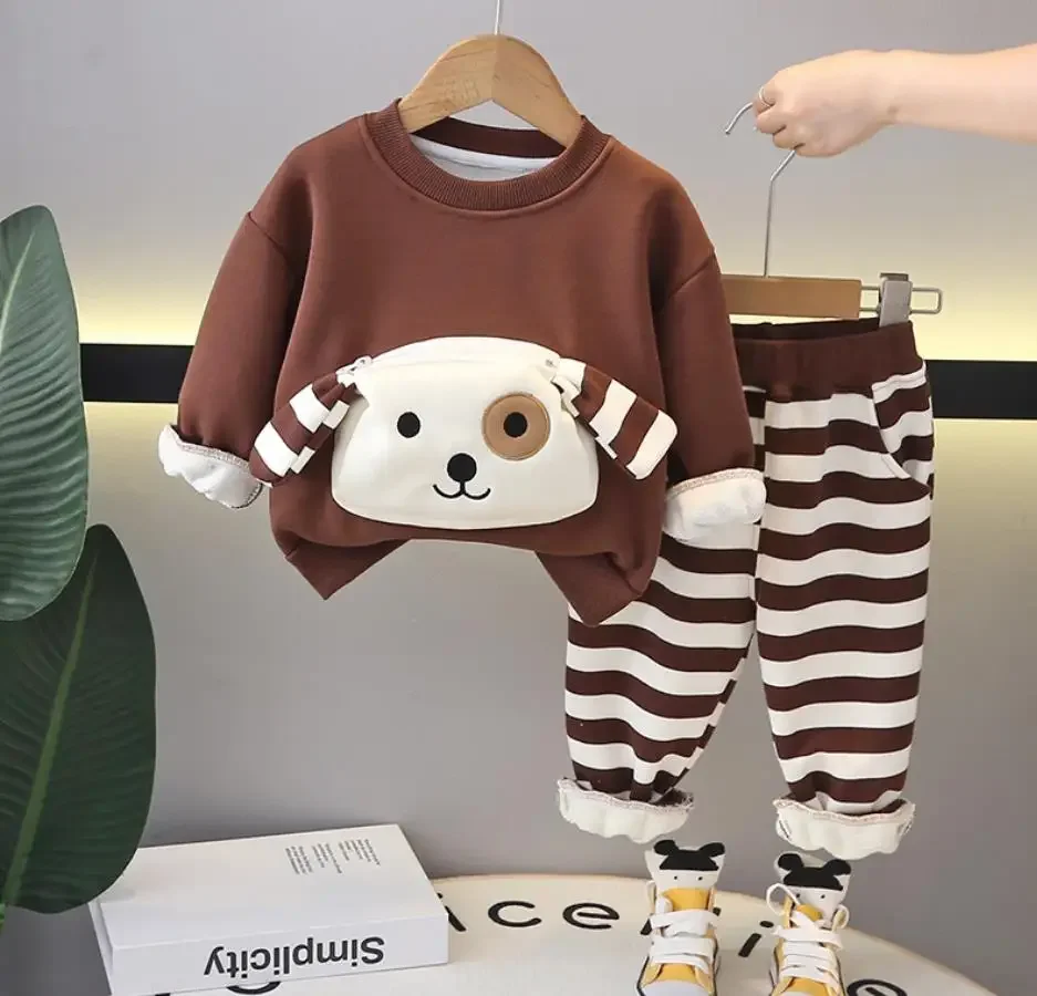 Baby Boy Clothing Sets Autumn Winter Striped Dog Pullover Fleece Sweatshirts Coat and Pants Christmas Toddler Kids Tracksuits