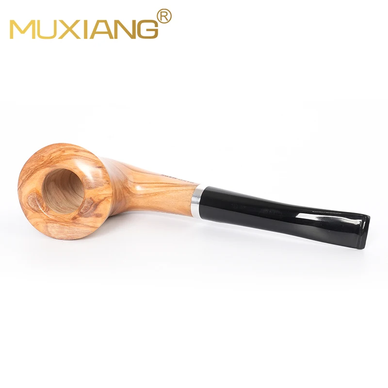 MUXIANG Curved Handle Olive Wood Tobacco Pipe 9mm Channel Tulip Shape Pipe Acrylic Mouth Original Wood Color Smoking Pipe