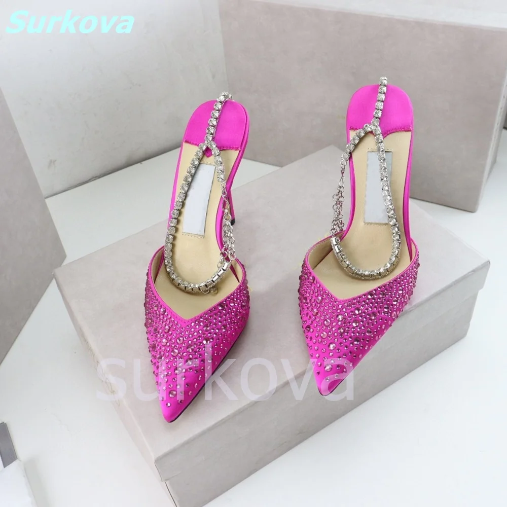 Hottest Rhinestone Sandals Pink Pointed Toe Slingbacks Bling Ankle Chain Women Shoes Beautiful Fashion High Quality Sexy Shoes