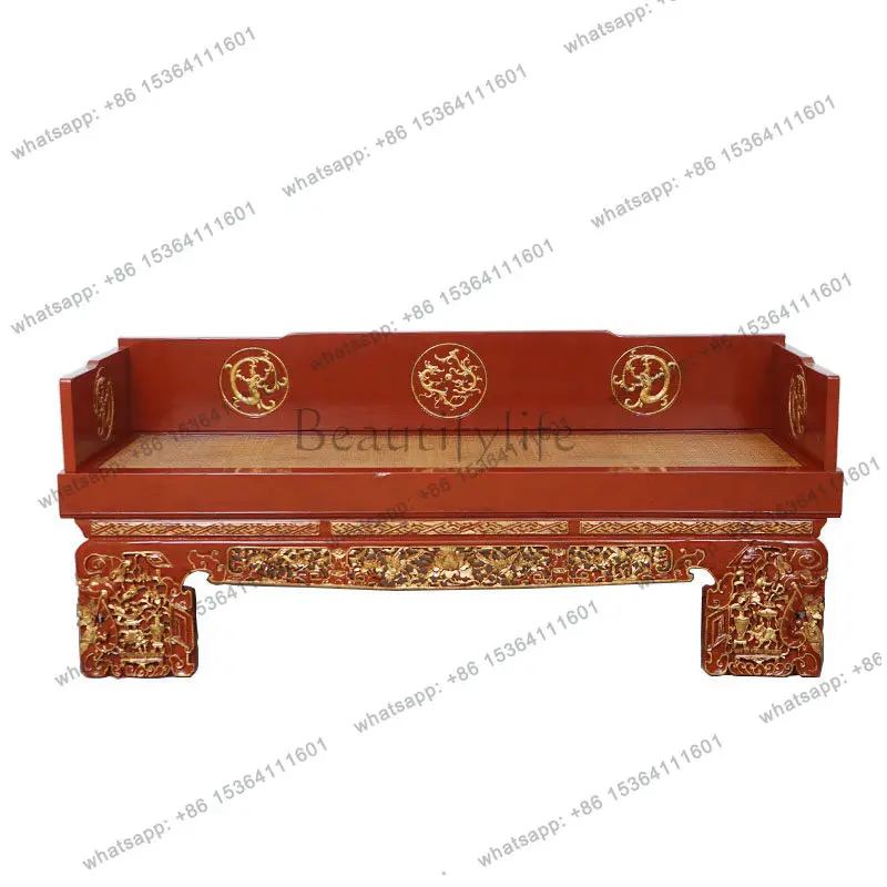 Chinese classical antique Arhat bed solid wood carving flower painted gold concubine bed sofa bed