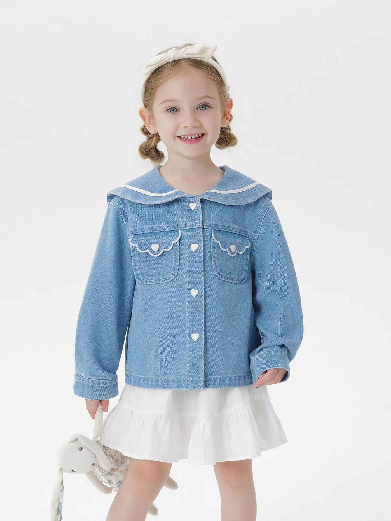 

MARC & JANIE, джинсовая куртка в консервативном стиле с вышитыми кружевными карманами и матросским воротником для маленьких девочек, верхняя одежда на осень 551510