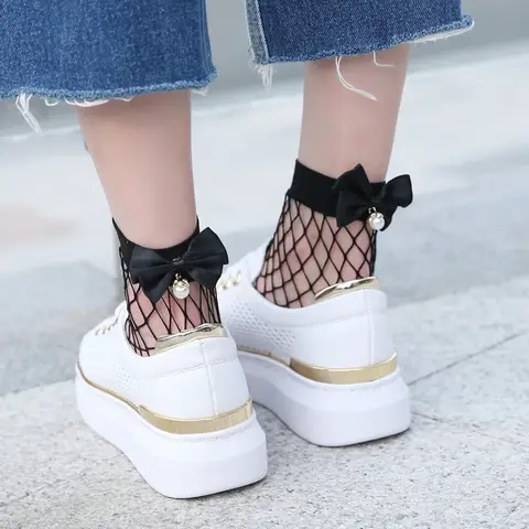 Chic Ladies Fishnet socks heel with Bow Pearls Women's Funny Harajuku Breathable Bow knot Fishnet Socks Sexy Hollow out Mesh Net