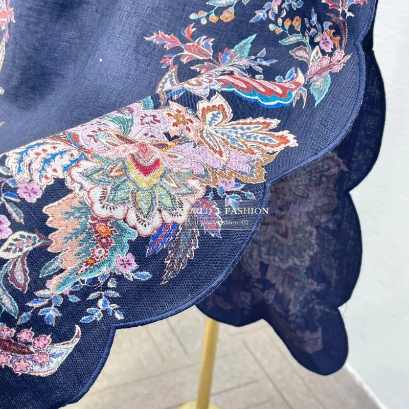 

2025 New Navy Blue Colorful Paisley Position Print Shell Embroidery Midi Skirt