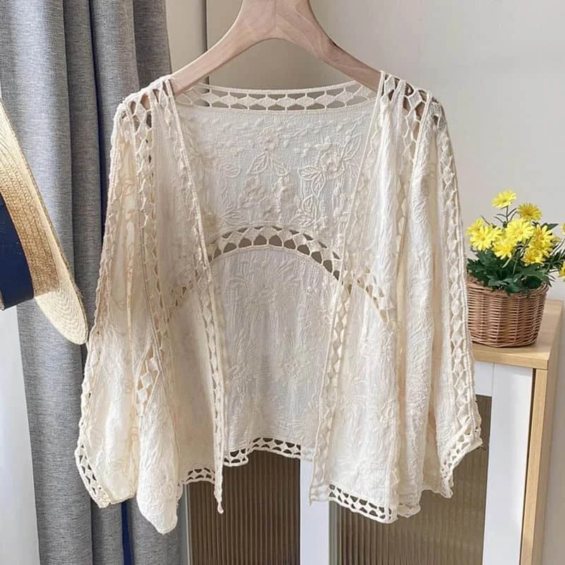 Crochet T-shirts for Women Sunscreen Lace Tops Oversized Casual Korean Style Smock Long Sleeve Cardigan 2026 Summer Thin Clothes