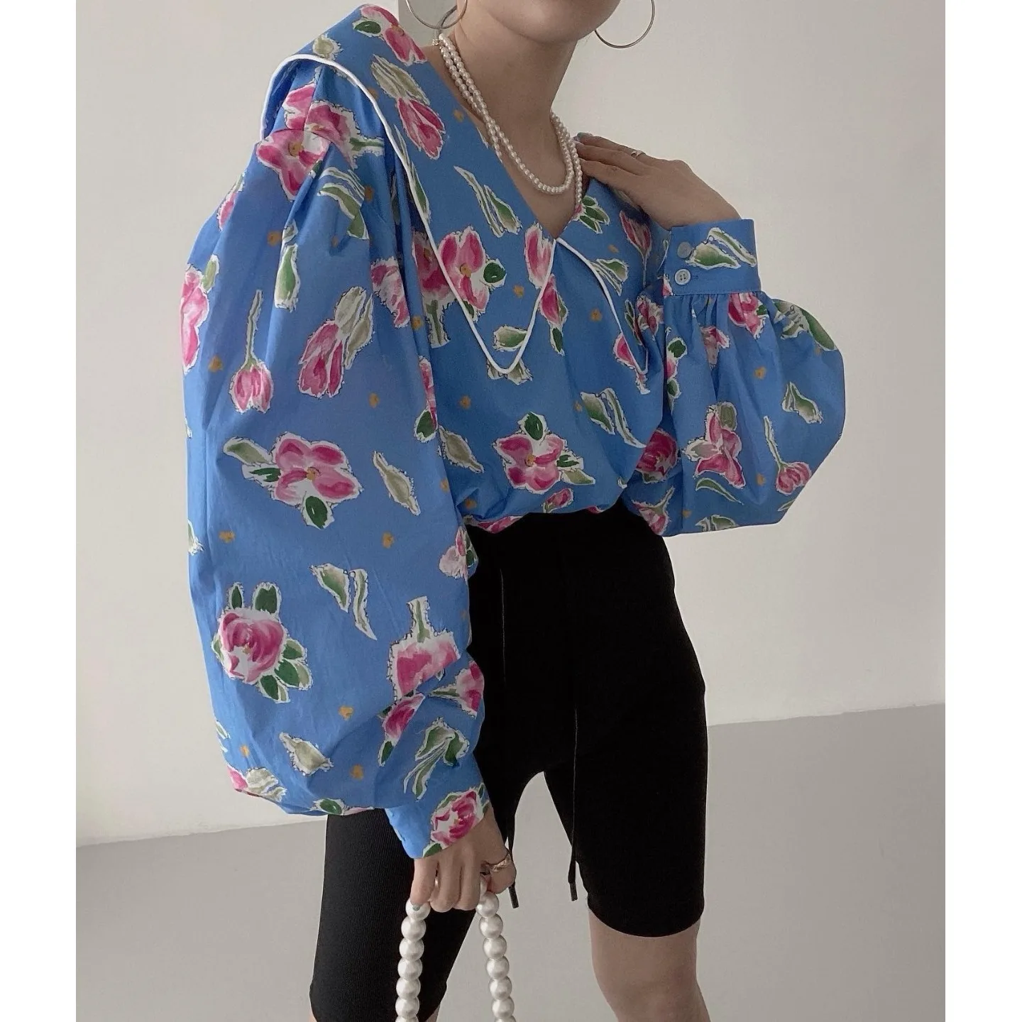 

2026 Spring Early Korean Style Chic Fashionable Design Double-Sided Wear Lantern Sleeve Printed Shirt Loose Fit Long Sleeve