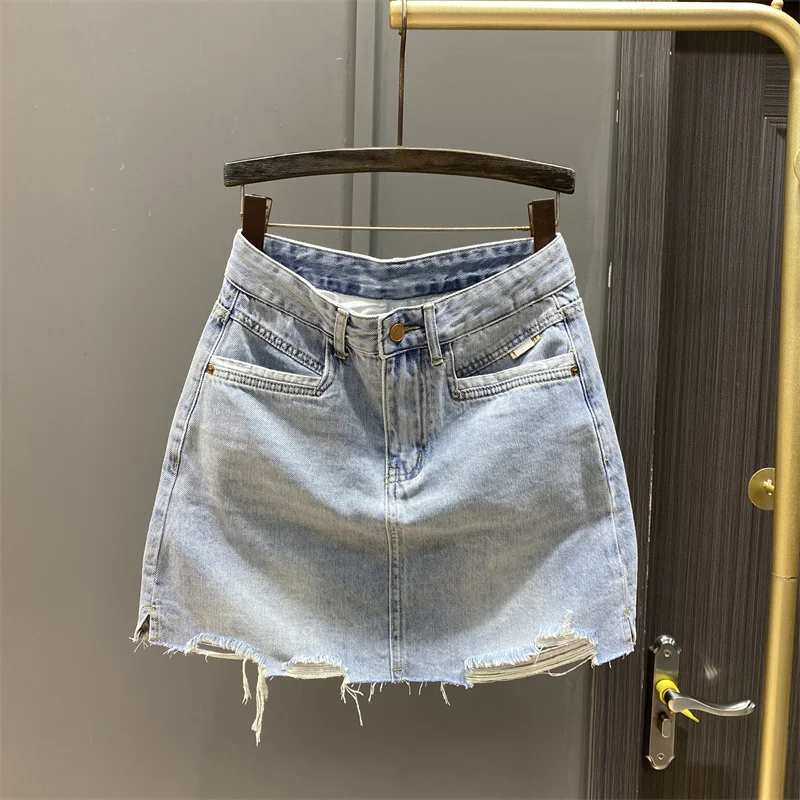 

Юбка-трапеция с высокой талией, женская летняя джинсовая юбка с потертостями по краю, синяя контрастная юбка для похудения, антилегкая смесь хлопка