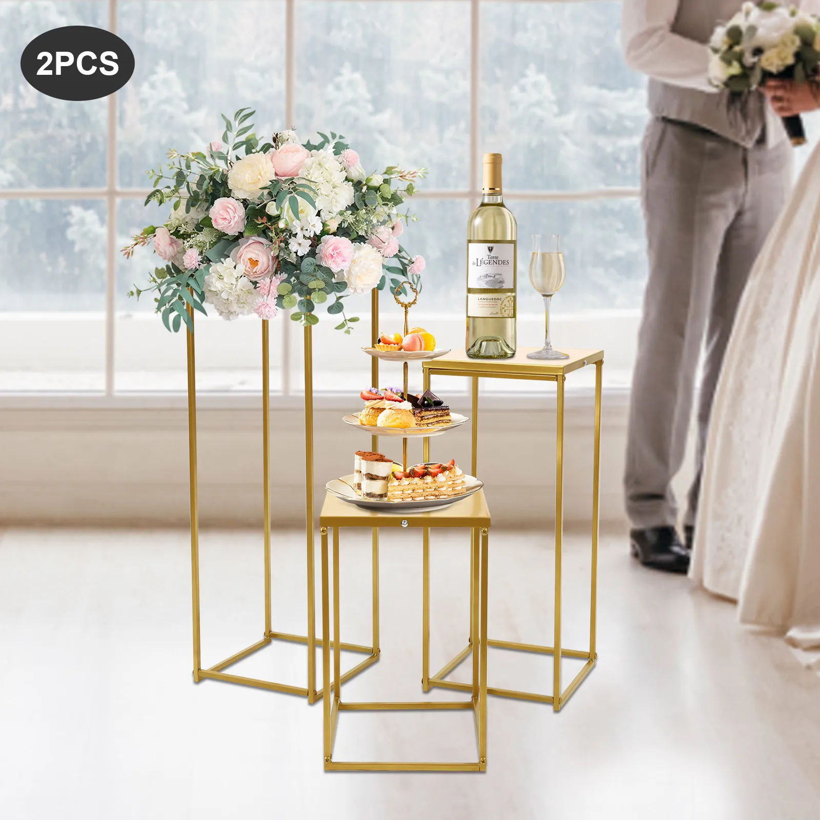 6Pcs Wedding Flower Stands -- Gold Pedestal Stand, 3 Sizes Square Floorstanding Wedding Flower Stands